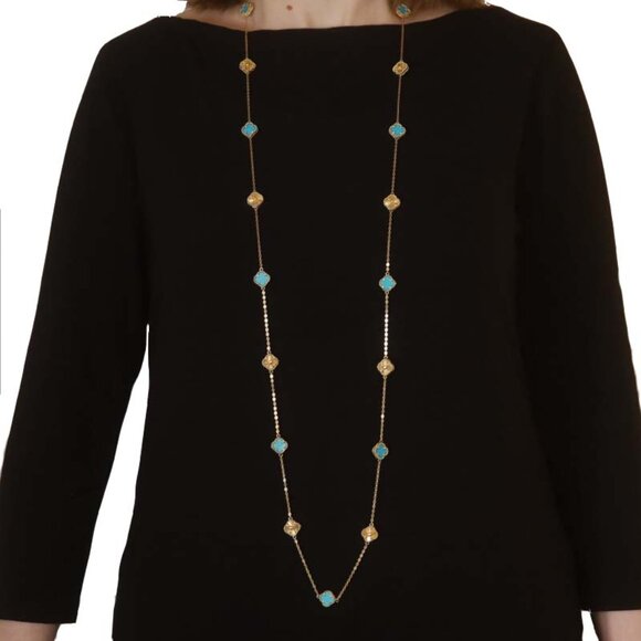 Yellow Gold Turquoise Quatrefoil Flower Station Necklace 46" - 18k Cable Chain - Picture 4 of 7